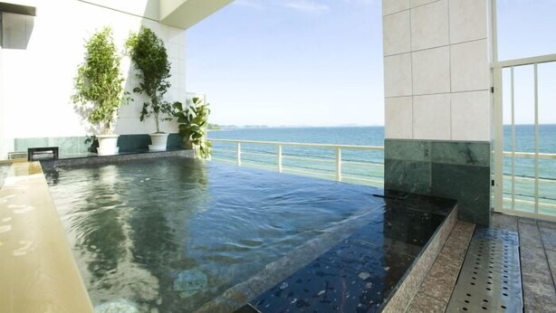 An infinity pool with a view of the sea, surrounded by a modern architectural design with a glass railing. - Ikeuo-no Mifune (Minamichita)