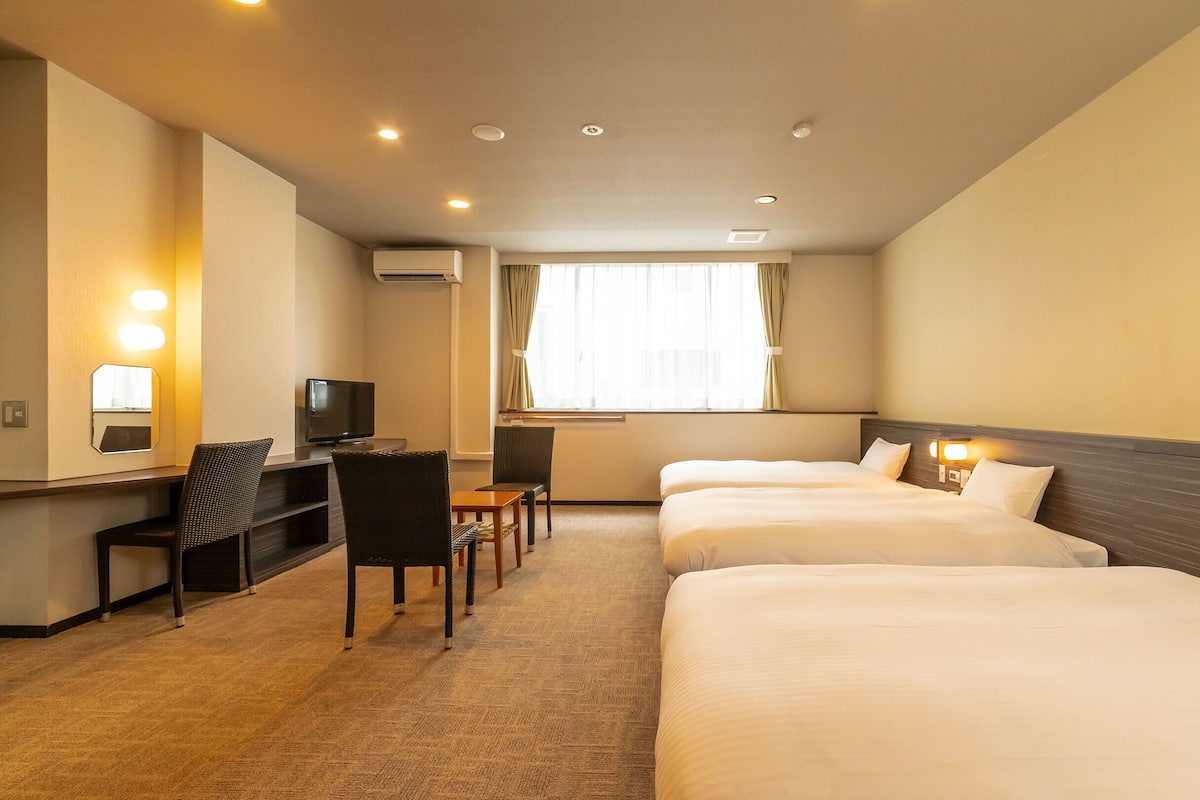 A hotel room with a bed, a desk with a TV, a chair, and a window with curtains.