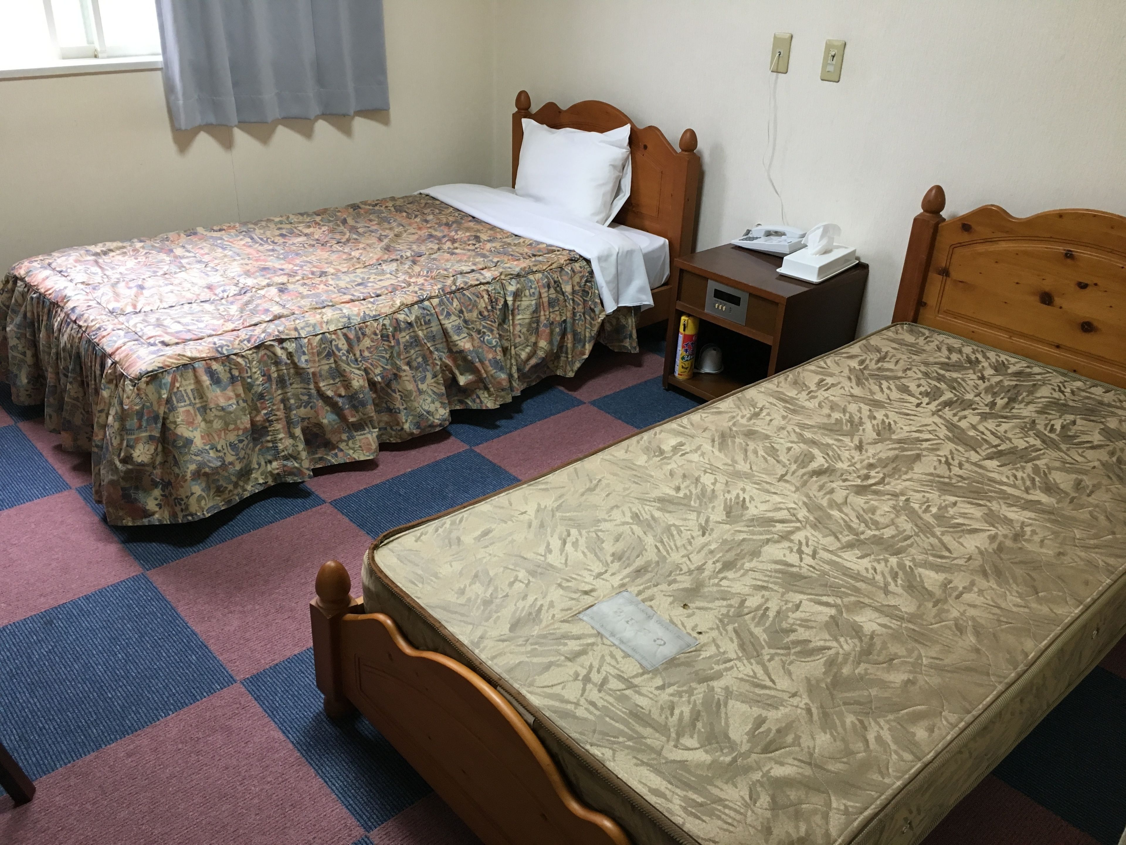 A room with two beds, one with a floral bedspread and the other with a plain one. There is a nightstand with a lamp and a tissue box. The room has a checkered carpet and a window with curtains.