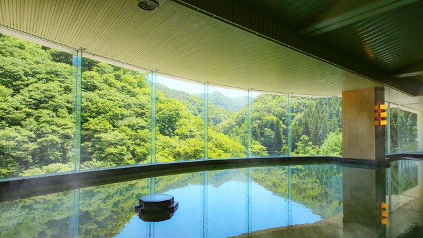 Une piscine intérieure moderne, dotée d’une paroi en verre et offrant une vue sur une forêt luxuriante.