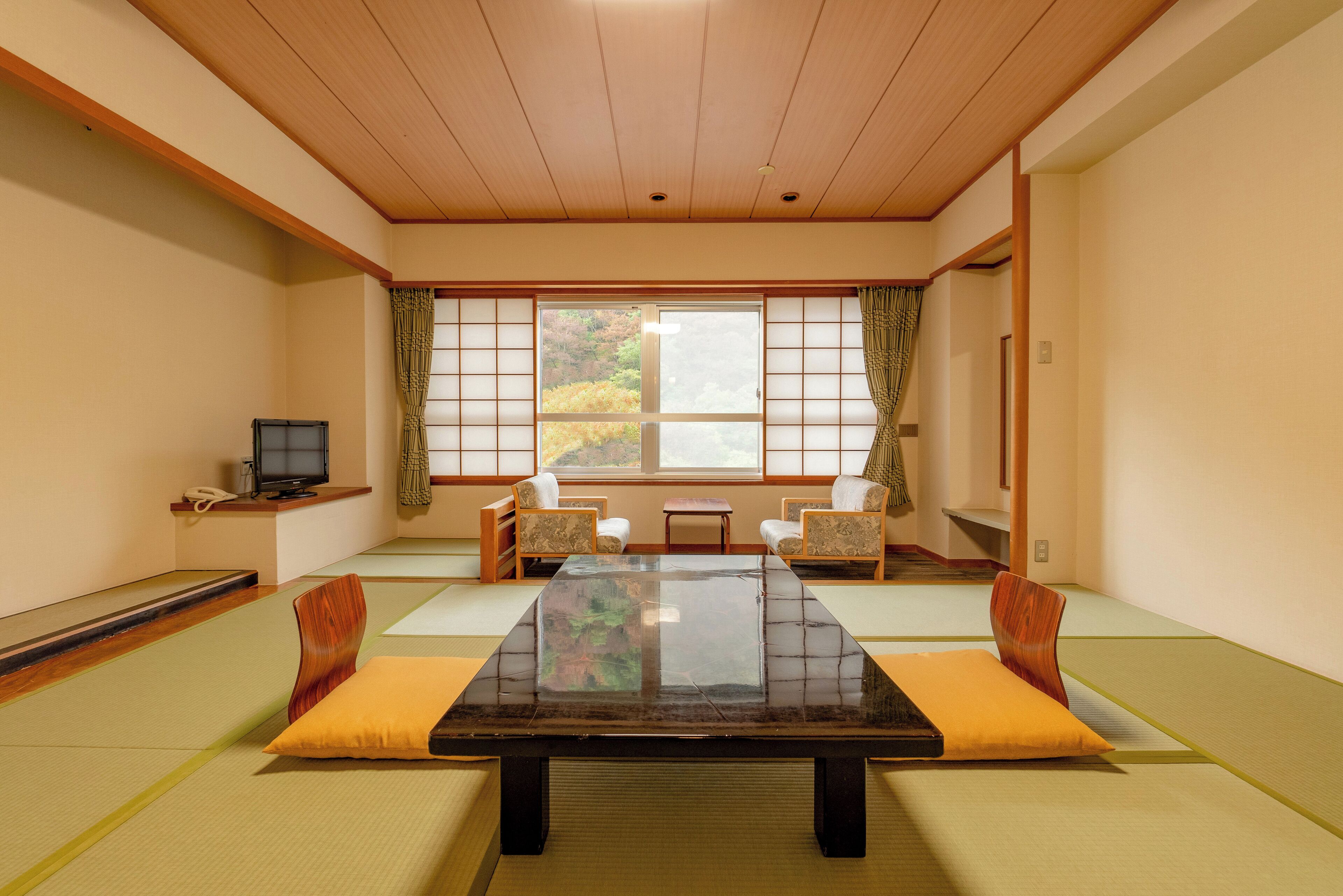A traditional tatami room with a low table, two tatami mats, and a television on a shelf.