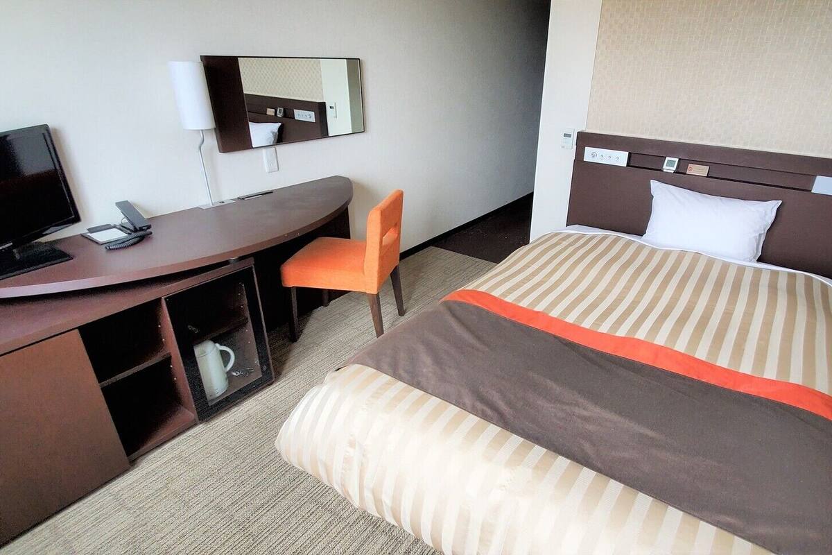 A hotel room with a bed, a desk, a chair, a television, and a mirror.