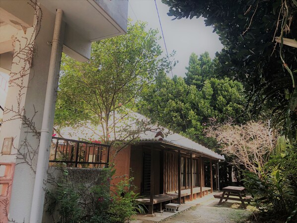 A traditional wooden building with a porch, surrounded by lush greenery and trees.