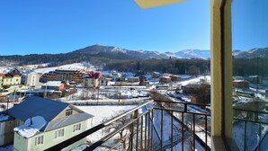 A snow-covered town with buildings and mountains in the background. - King David Bakuriani (Borjomi)