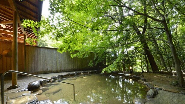 Ein traditionelles japanisches Onsen mit einer Holzdielen-Terrasse, einem Steingarten und umgebendem Wald.