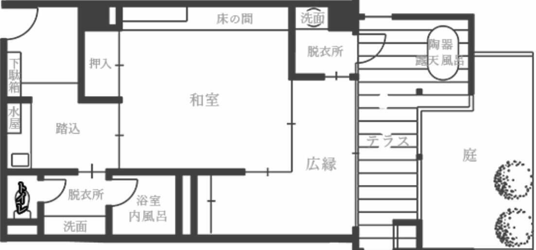 Plano de un hotel que muestra el baño, el dormitorio y la sala de estar.