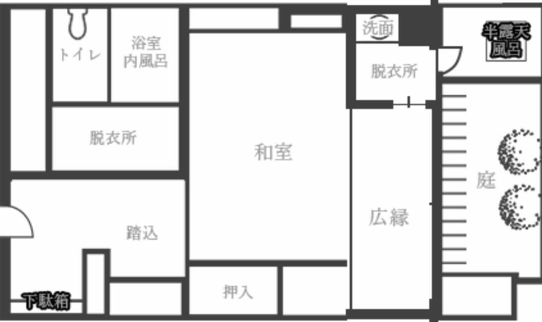 Distribución de habitaciones de hotel con baño, dormitorio y comedor.