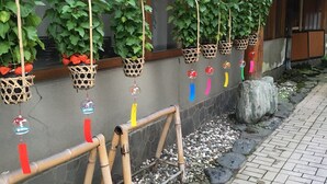 Ein Gebäude mit hängenden Pflanzen und dekorativen Elementen.