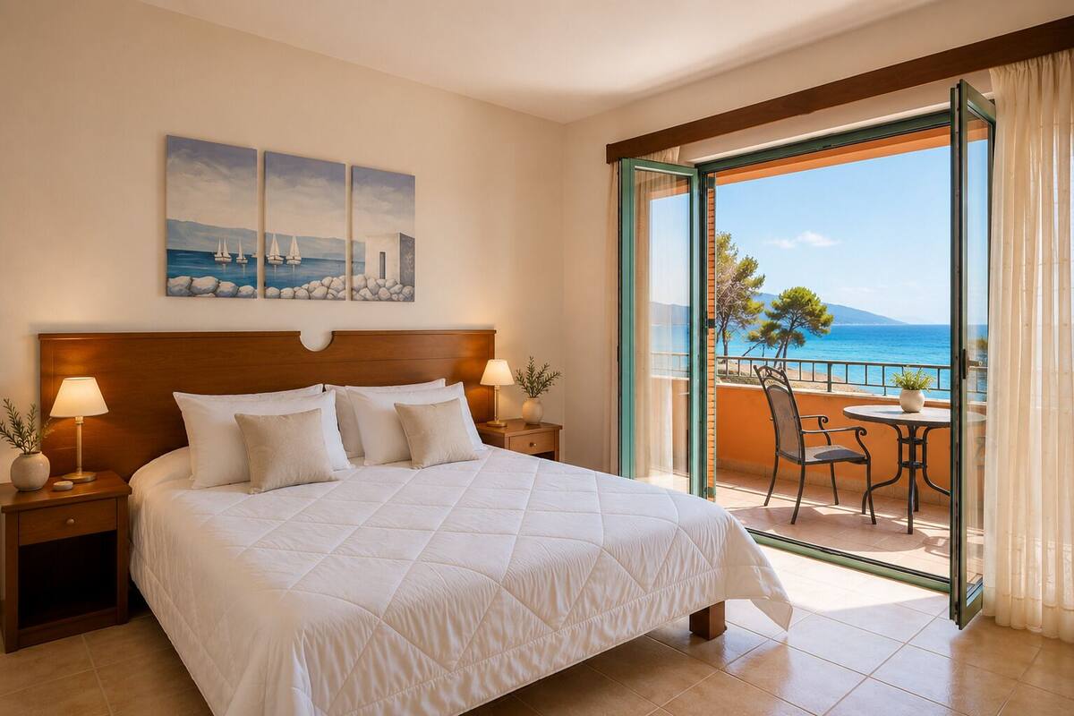 Habitación de hotel con cama, dos mesitas de noche, un escritorio, un balcón con mesa y sillas, y vista al mar.