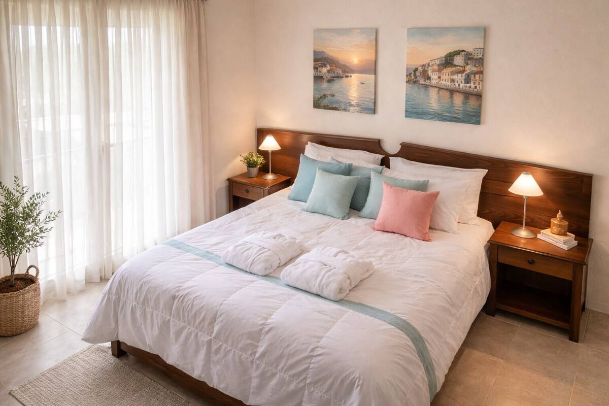 Una cama bien hecha con un edredón blanco y varias almohadas, una mesita de noche de madera con una lámpara y una planta en maceta junto a la ventana.