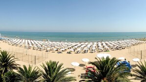 A beach with rows of umbrellas and sun loungers, palm trees, and a clear view of the sea. - Hotel President (Silvi)