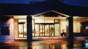 A hotel entrance with a glass door, a ramp, and a potted plant.