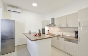 Fridge, stovetop, dishwasher, coffee/tea maker