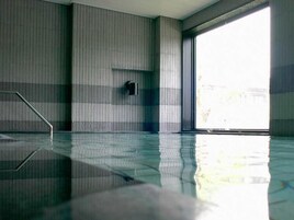 Piscina com escada de metal, janela e parede com linhas verticais.