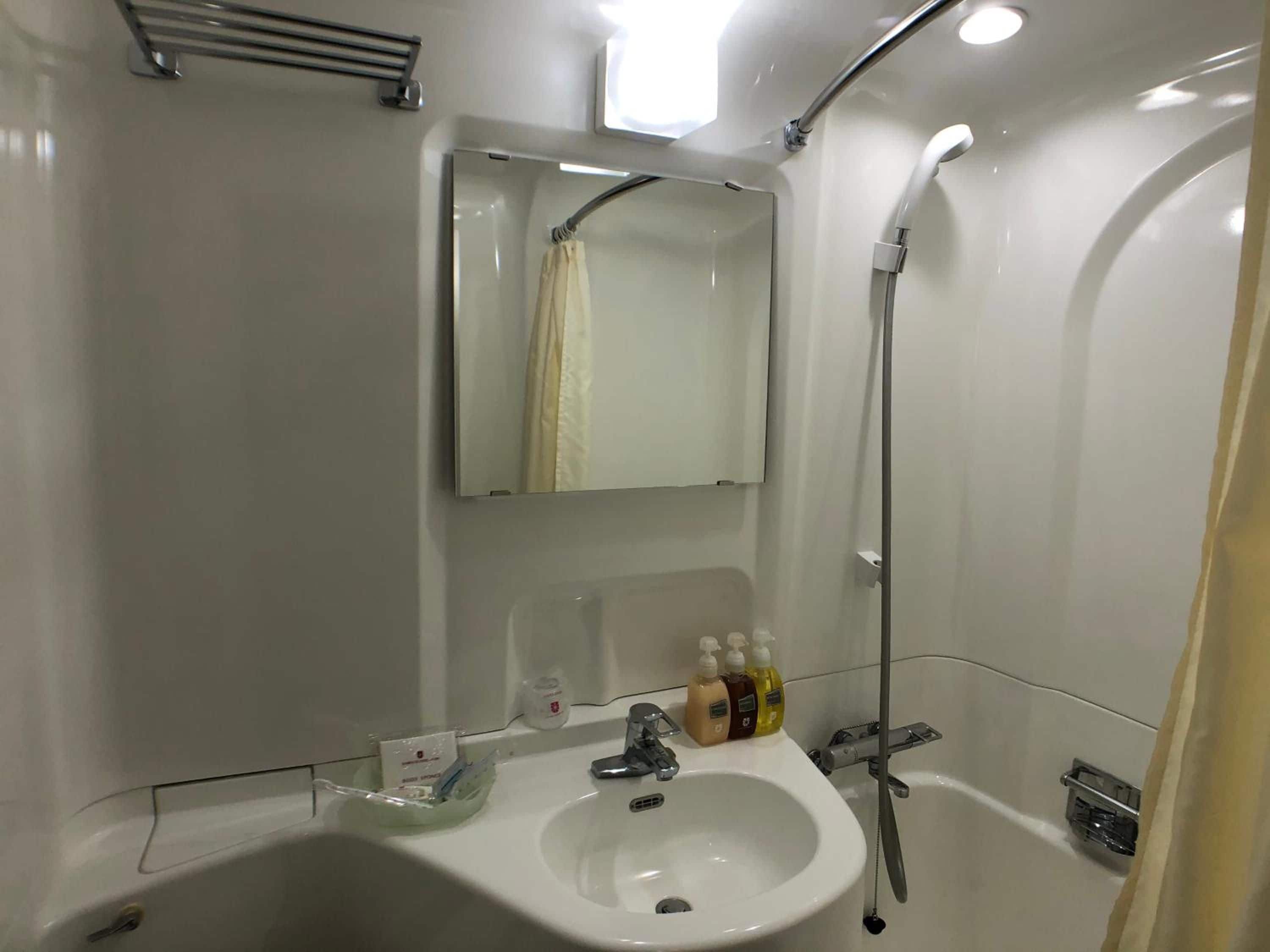 A bathroom with a sink, mirror, shower, and toiletries.