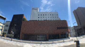 A hotel with a modern design, featuring a brick facade and a flat roof.