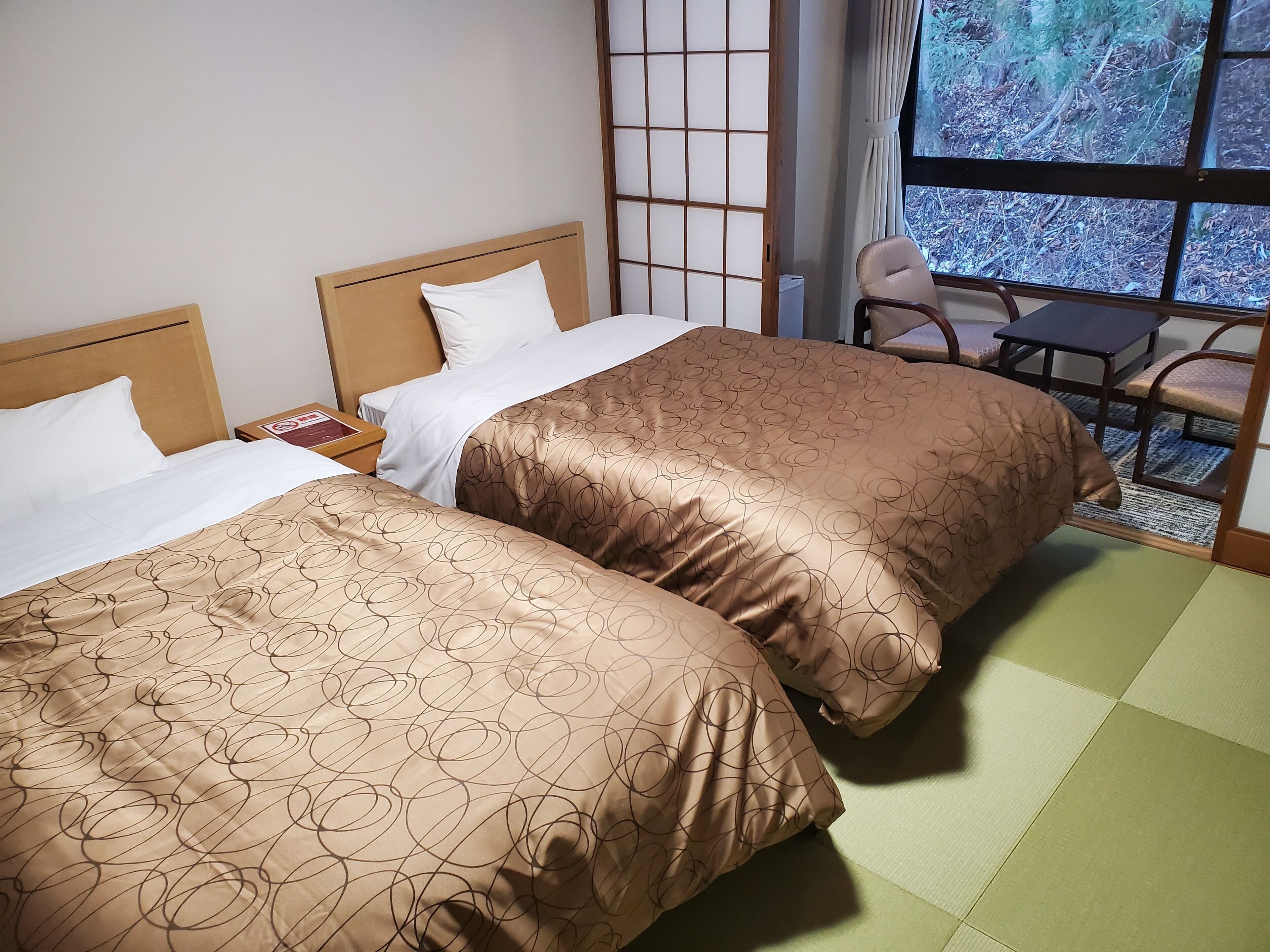 Habitación de hotel con dos camas, una silla, una mesita de noche y una ventana con vista a árboles.