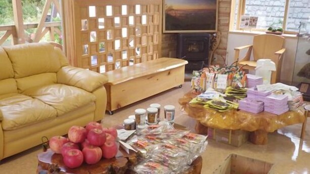Un salon chaleureux avec un canapé jaune, une table basse en bois sur laquelle sont posées des pommes, un tél éviseur et une cheminée.