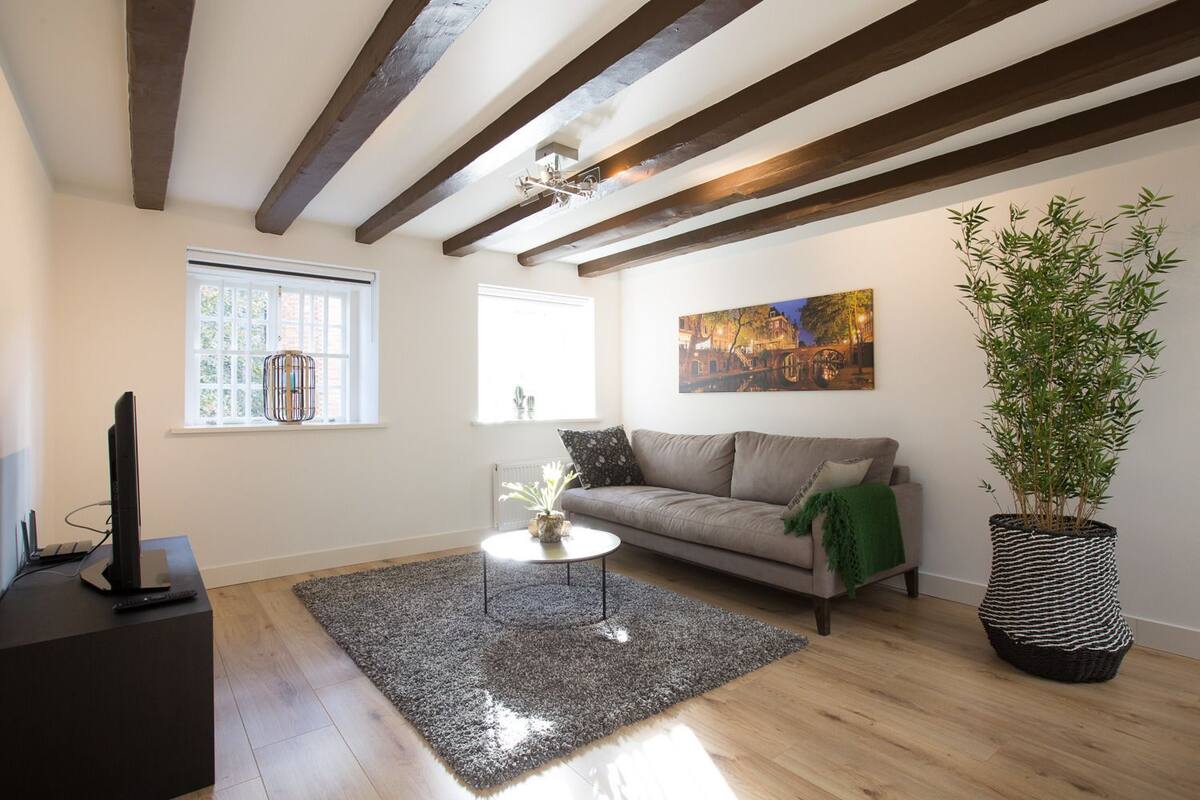 A living room with a sofa, coffee table, and a large potted plant.