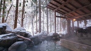 Una estructura de madera tradicional con un sendero de piedra que conduce a un manantial termal rodeado de árboles cubiertos de nieve.