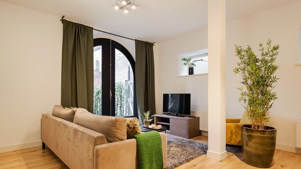 A living room with a sofa, a television, a large potted plant, and a window with curtains. - Canal Garden Apartment 11 (Utrecht)