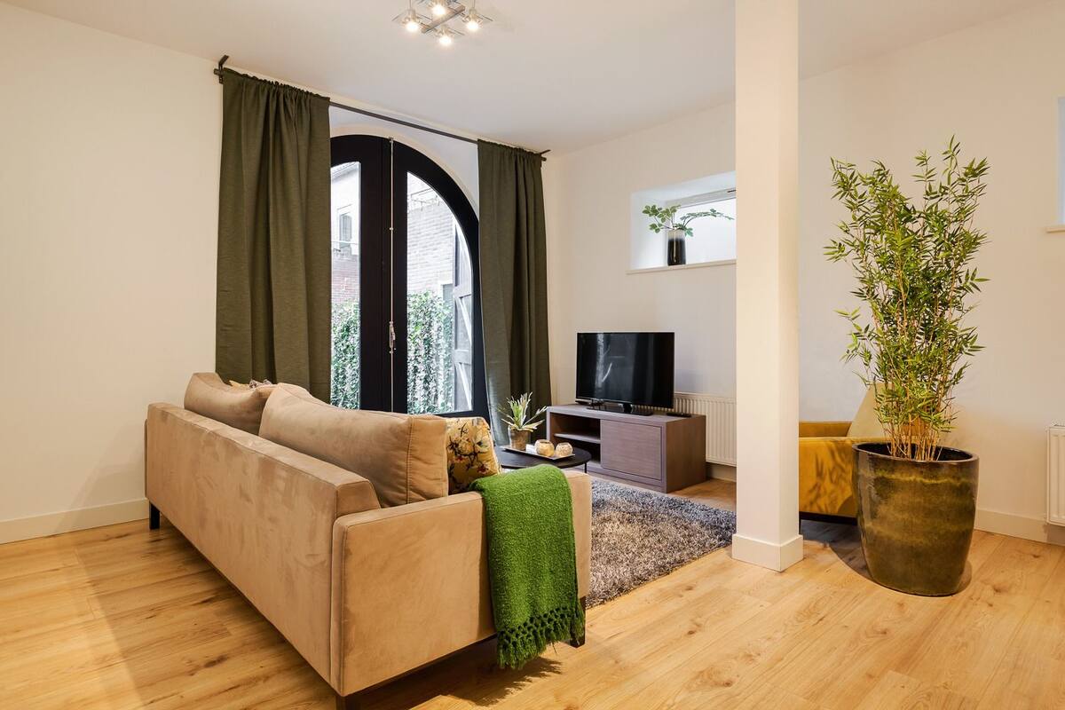 Uma sala de estar com sofá, televisão, uma planta grande em vaso e uma janela com cortinas.