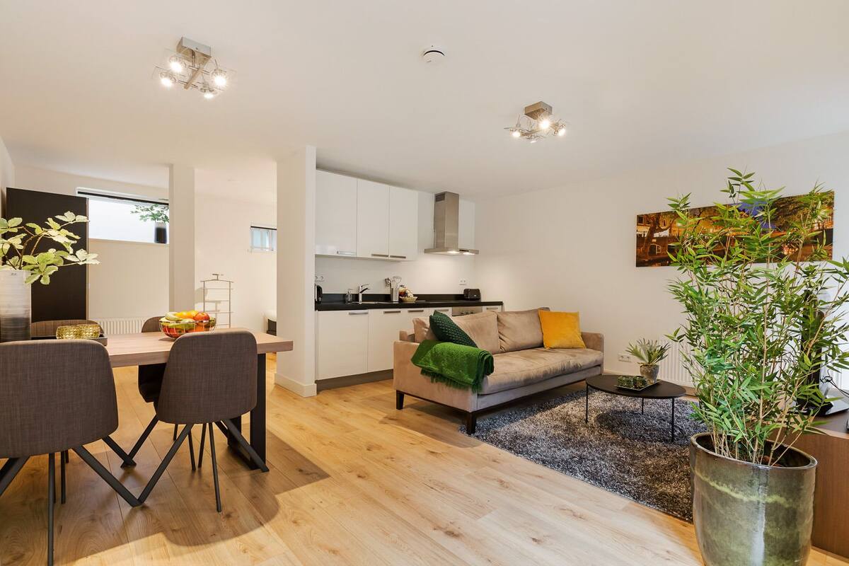 Um apartamento moderno com sala de jantar, cozinha, sala de estar e uma grande planta em vaso.