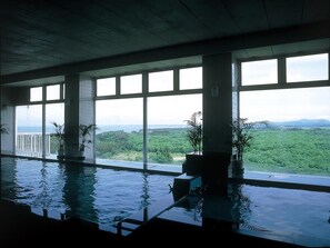 Une piscine intérieure dotée de grandes fenêtres donnant sur un paysage luxuriant.