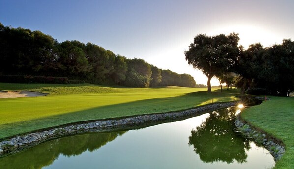 Un campo de golf con un estanque que refleja los árboles y el cielo.