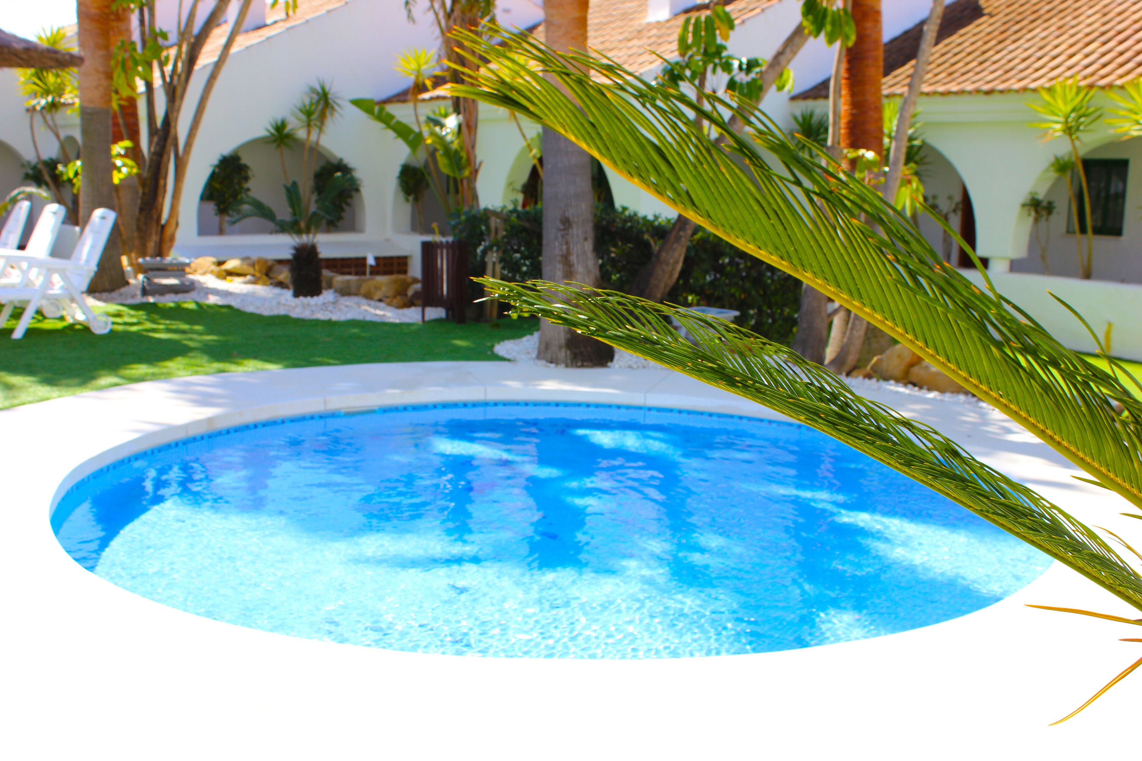 Une piscine entourée de palmiers et un bâtiment blanc avec un toit recouvert de tuiles.