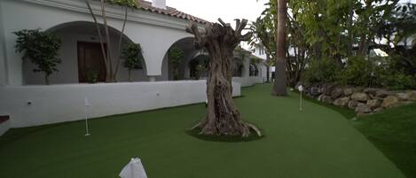 A courtyard with artificial grass, a large tree, and a white building with arches and a tiled roof.