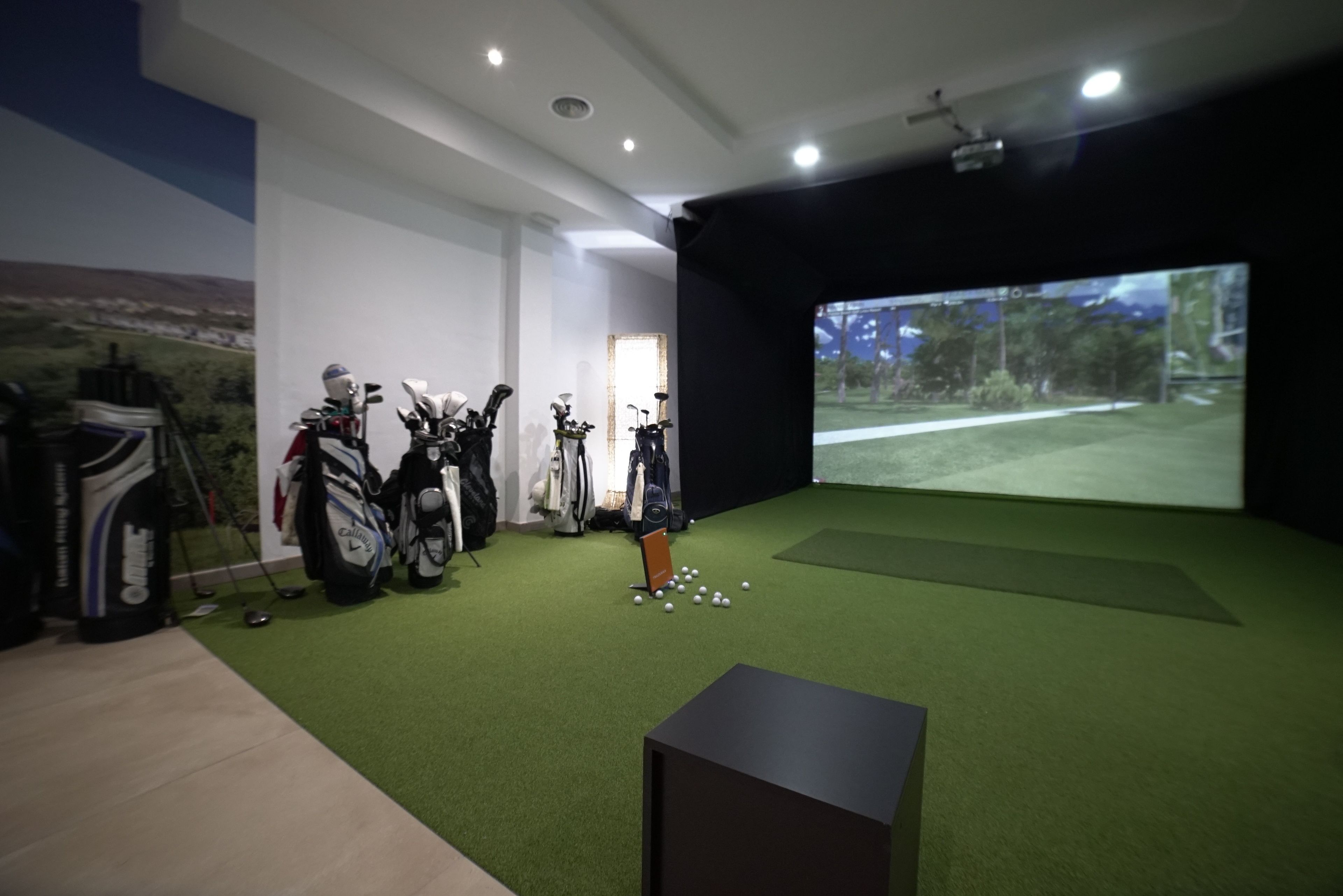 Una habitación con césped artificial, bolsas de golf y una pantalla que muestra un campo de golf.