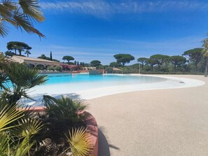 A large outdoor swimming pool surrounded by palm trees and a clear blue sky.