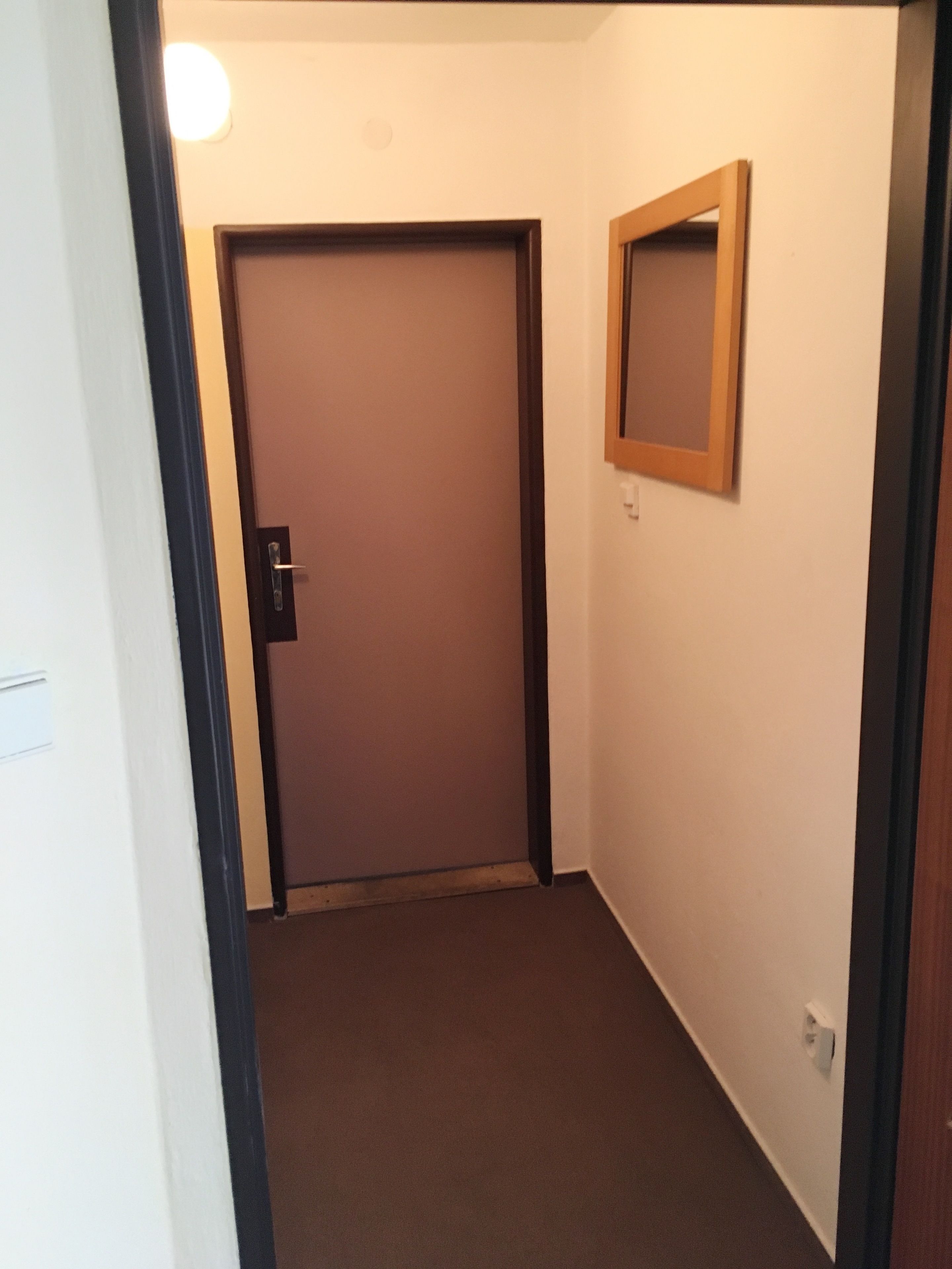 A narrow hallway with a closed door, a small mirror on the wall, and a light switch.