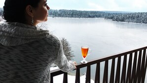 A person overlooking a frozen lake with a glass of amber liquid on a balcony railing. - Hotel Medlov (Frysava pod Zakovou horou)