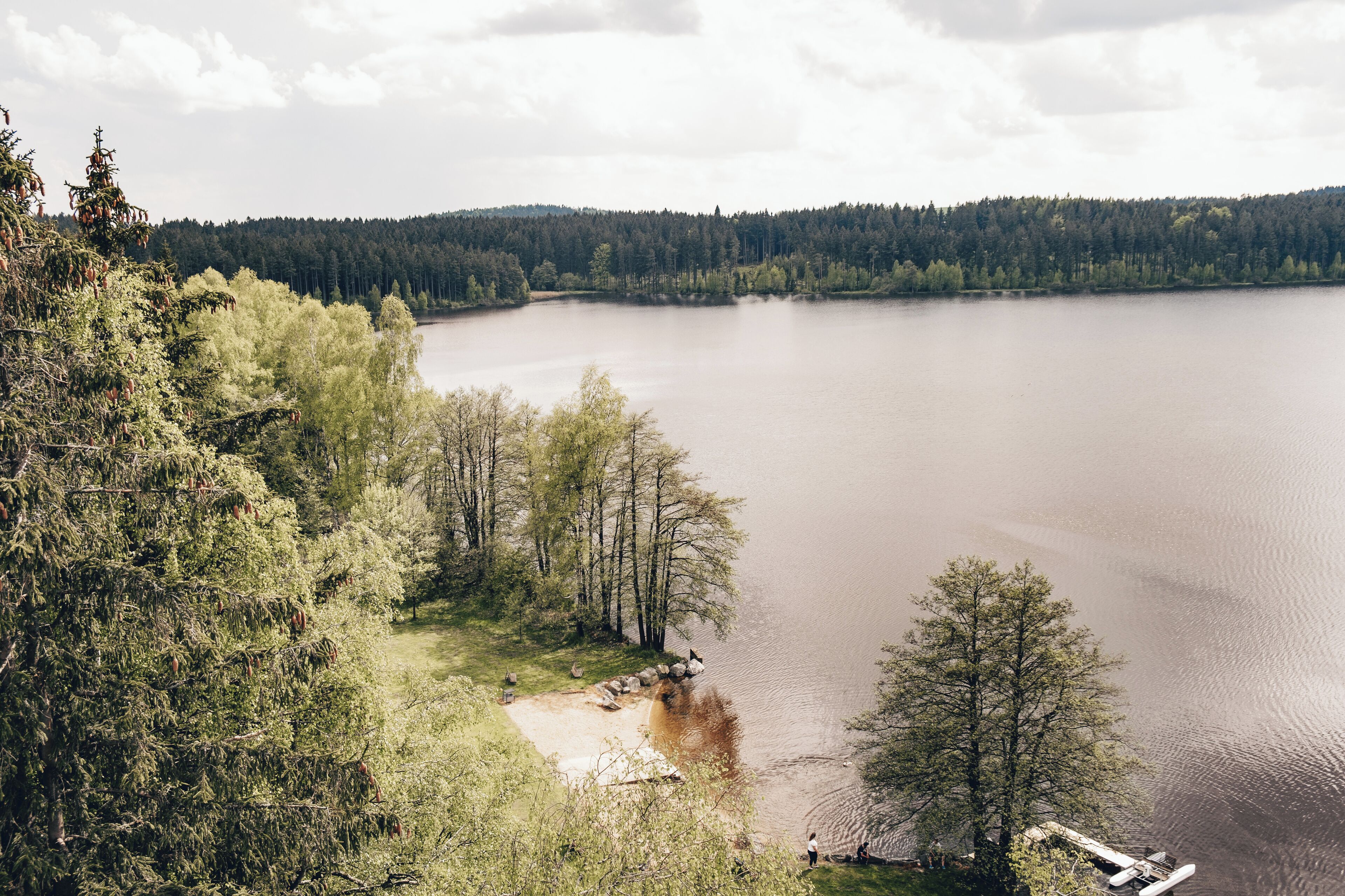 Un lago rodeado de un bosque tupido, una playa de arena y un muelle con un bote.