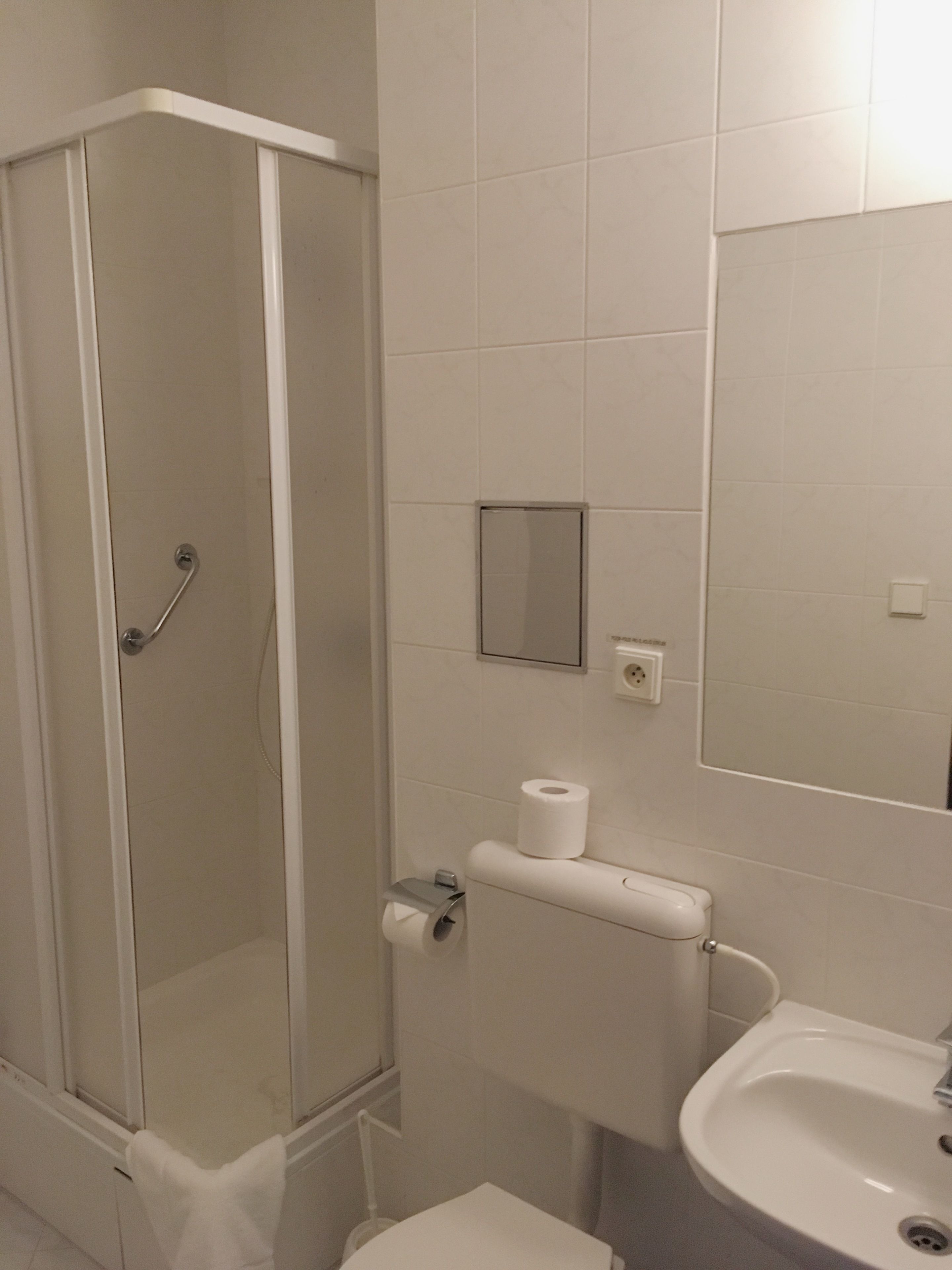 Une salle de bain équipée d’une douche, de toilettes, d’un lavabo et d’un miroir.