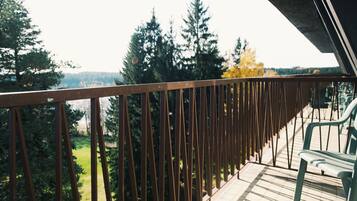 A balcony with a view of trees and a distant landscape.