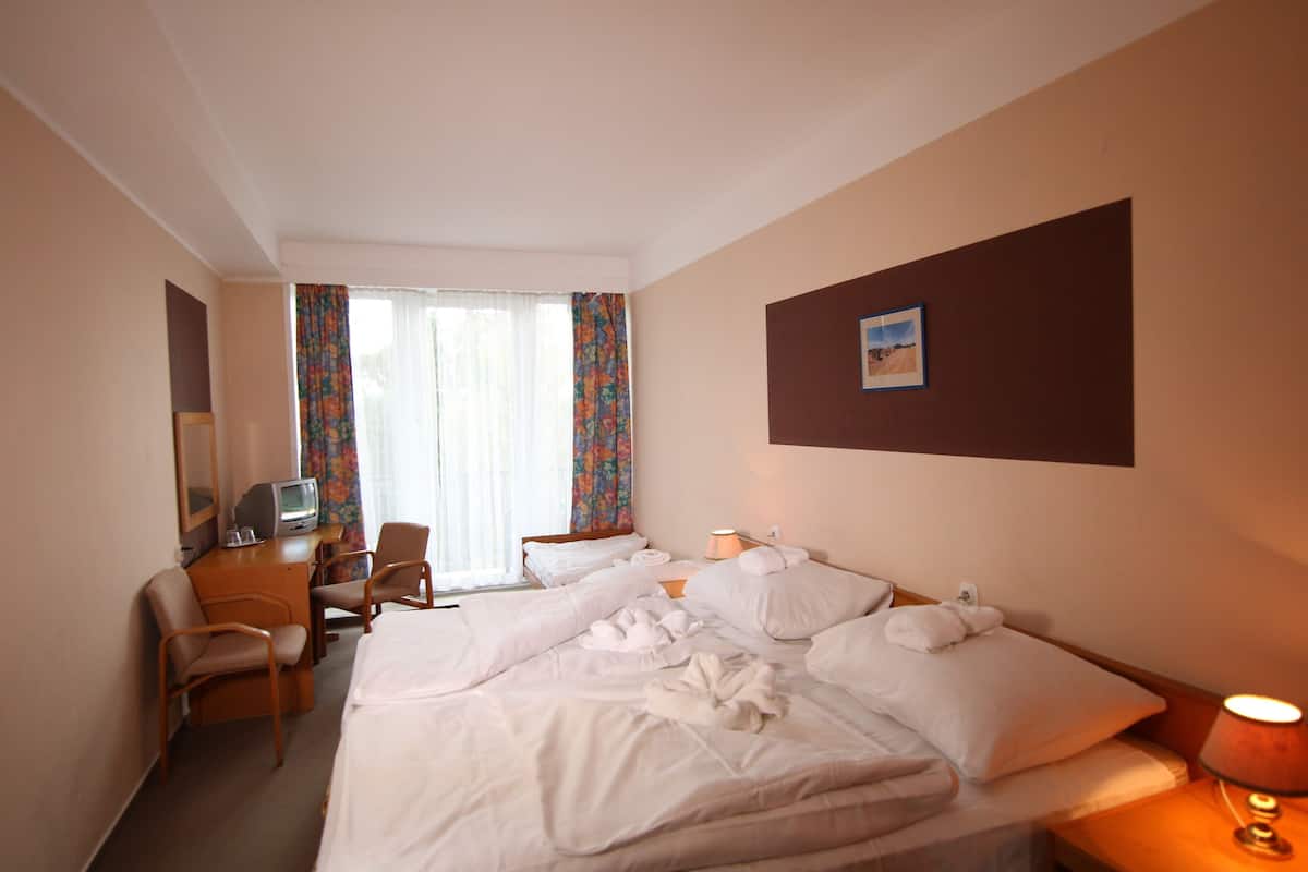 A hotel room with a bed, a desk with a television, a chair, and a window with curtains.