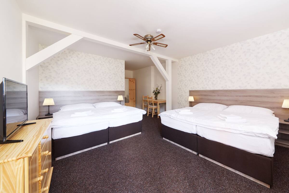 Une chambre d’hôtel avec deux lits, un bureau, une chaise, une télévision et un ventilateur de plafond.