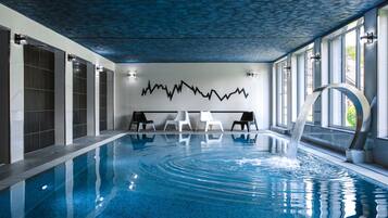 Indoor pool, seasonal outdoor pool, pool umbrellas, sun loungers