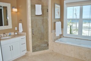 Combined shower/bathtub, towels - Morning Call by GSVR | Luxurious Beachfront Home w/ Heated Pool, Elevator + FREE Activities/Golf (Gulf Shores)