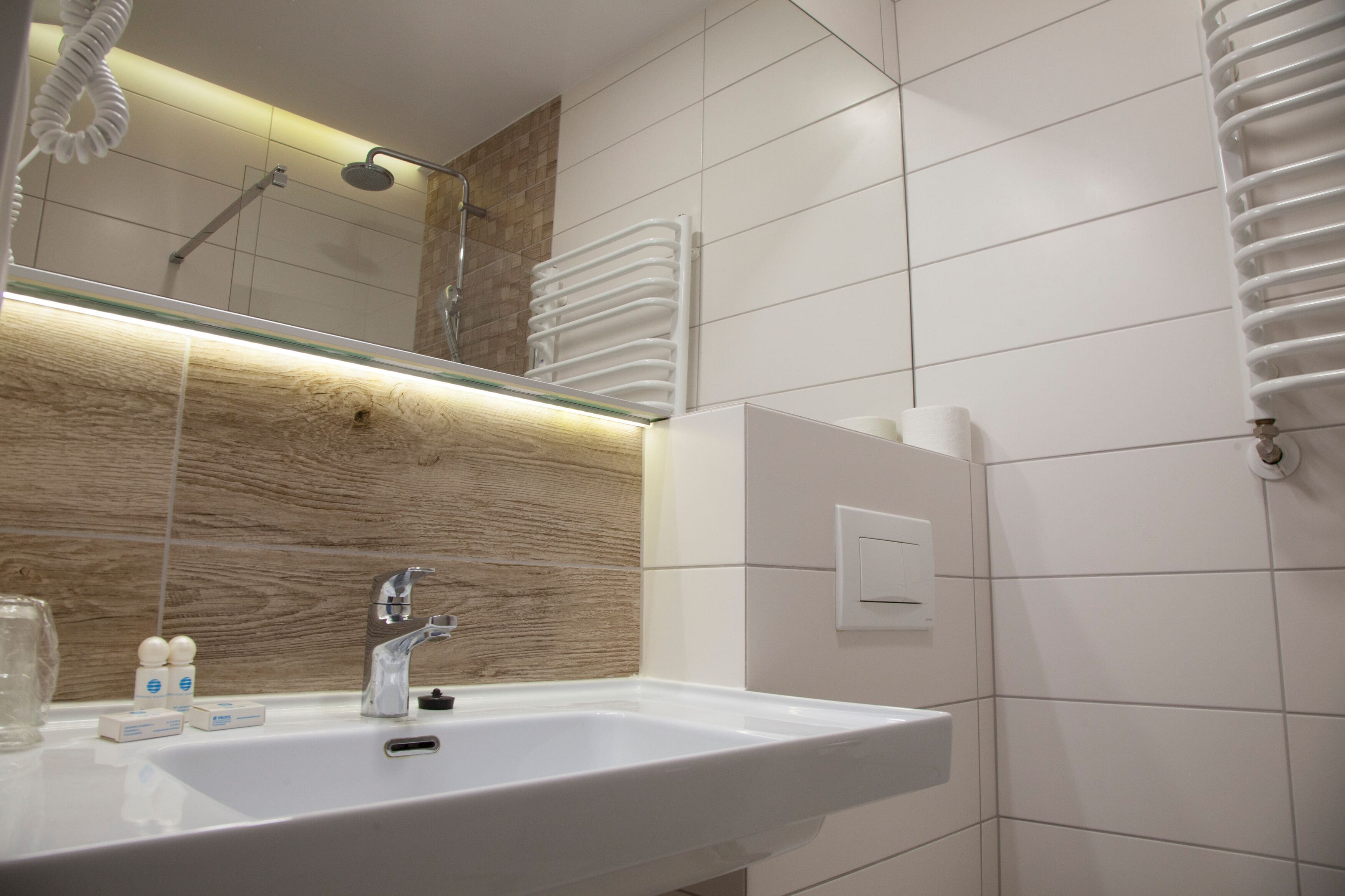 twin room | bathroom | shower, free toiletries, hair dryer, towels