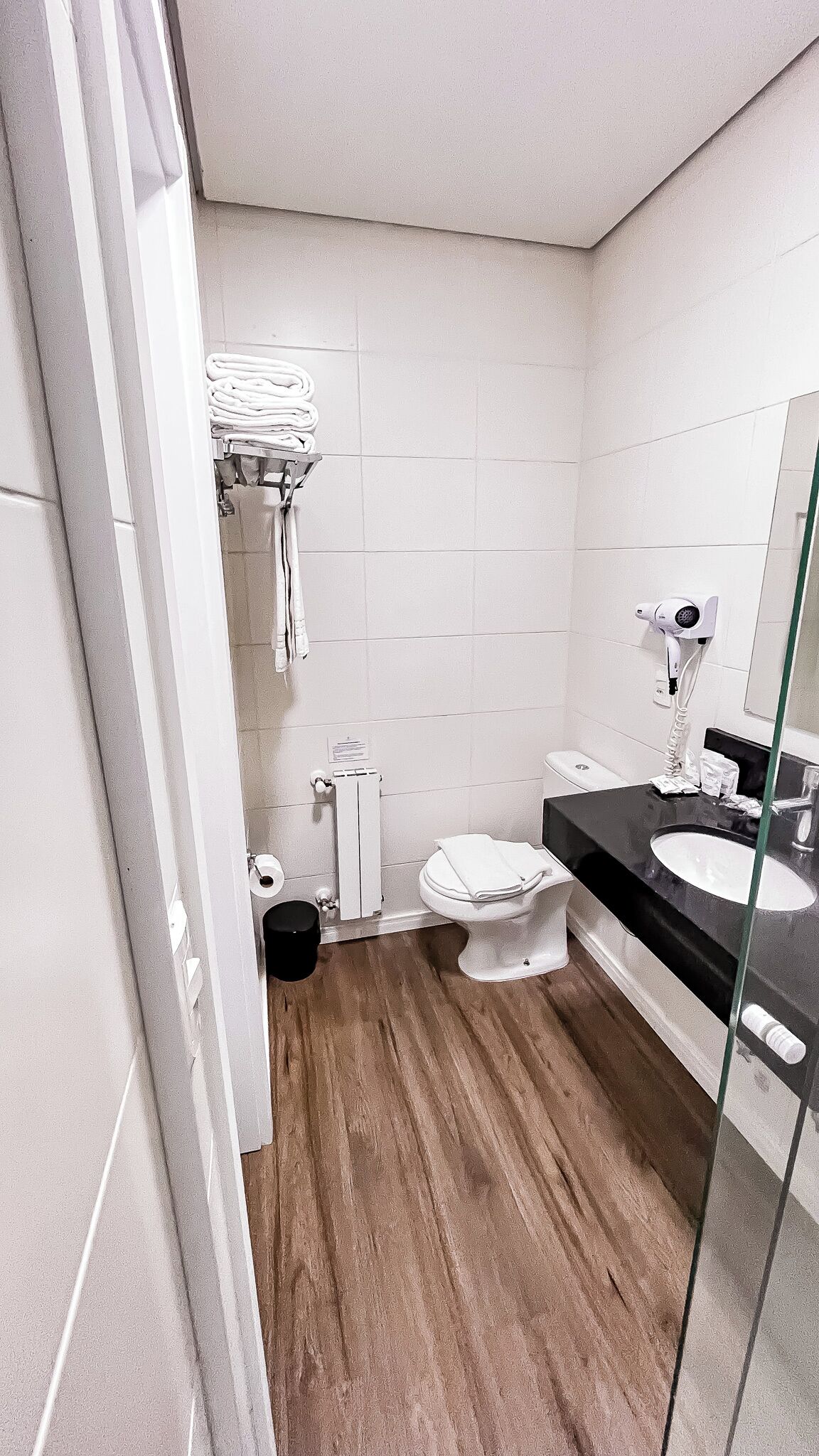 A small, modern bathroom with a toilet, a sink, and a hairdryer.