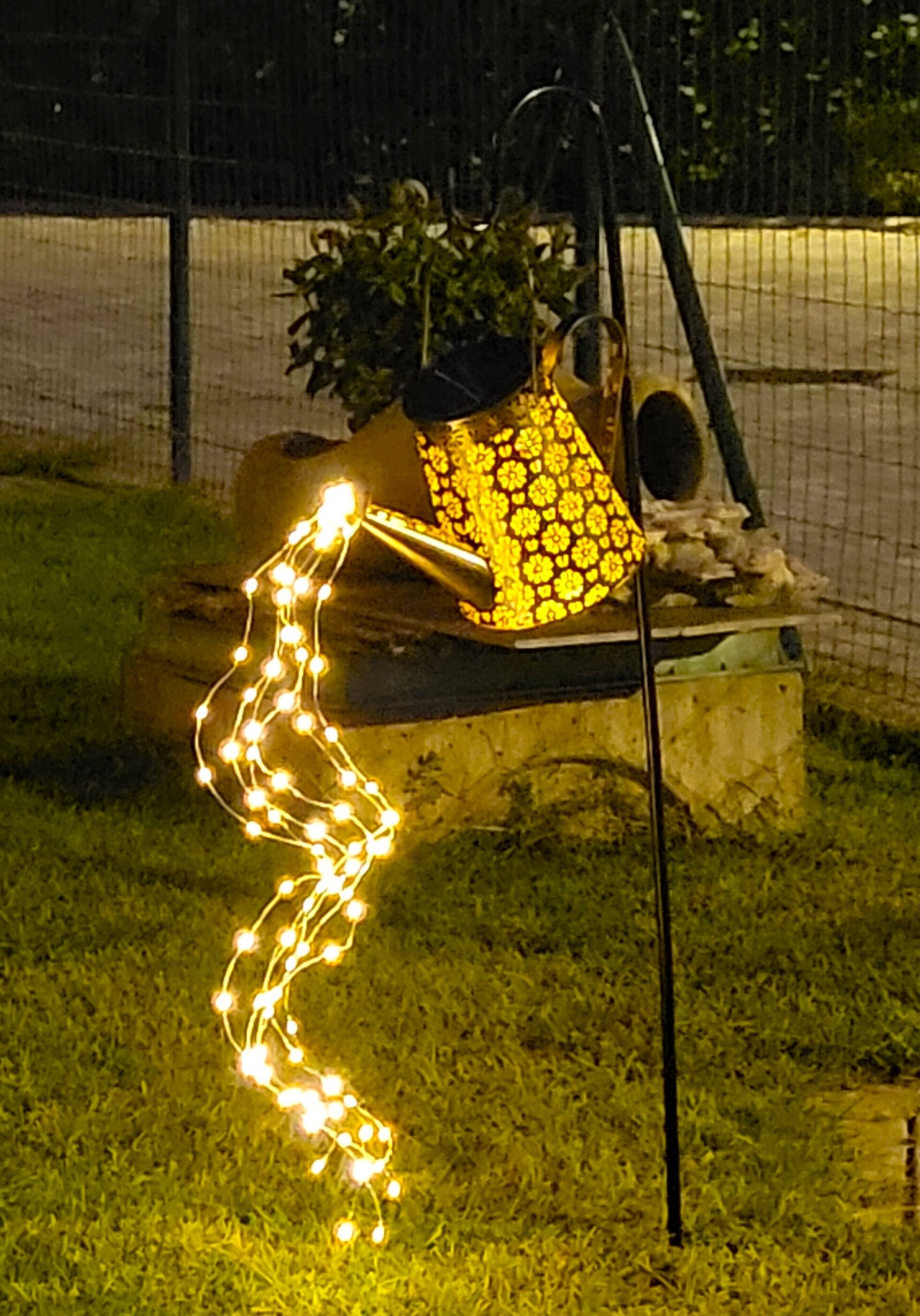 A garden with a decorative light installation and a potted plant.