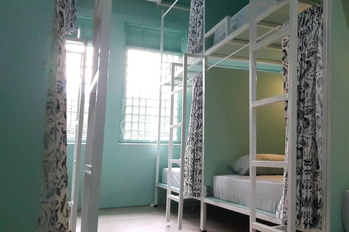 Una habitación con literas, una ventana con cortinas y una lámpara de noche.