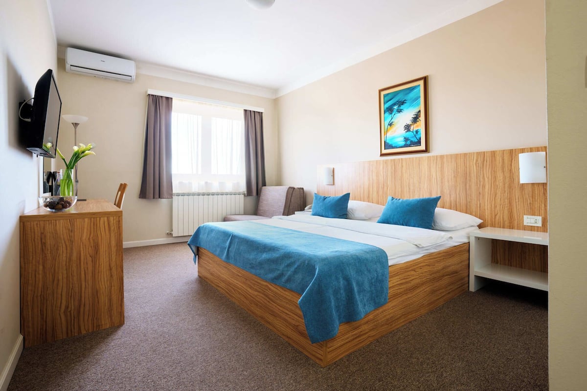 A hotel room with a wooden bed, a desk, a TV, a window with curtains, a painting, and a radiator.