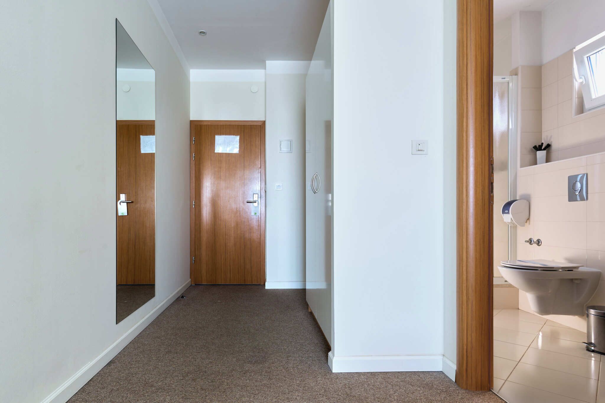A hallway with a wooden door, a white wall, and a bathroom with a toilet and sink.