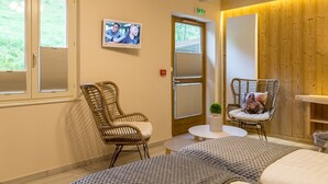 Una habitación con dos camas, televisión, una mesita con una planta y sillones de mimbre.