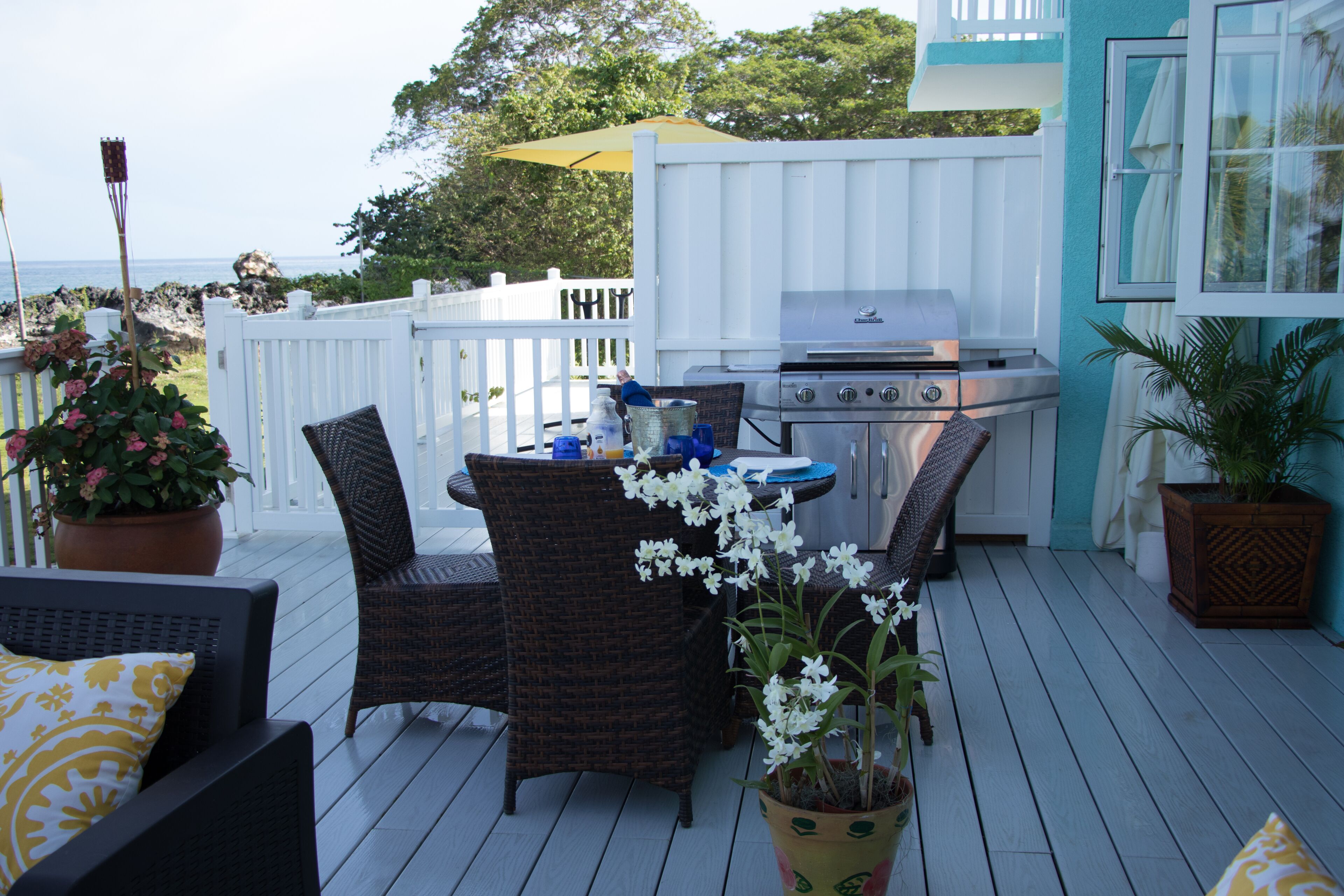 Una terrazza esterna con mobili in vimini, un barbecue e piante in vaso.